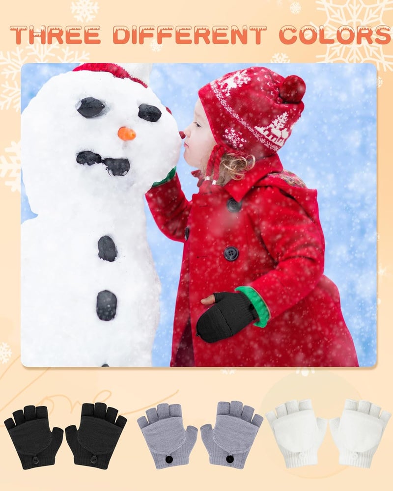 ONESING 3 Pairs Kids Fingerless Gloves with Mitten Cover Convertible Knit Gloves Kids Fingerless Mittens for Boys Girls - Image 4